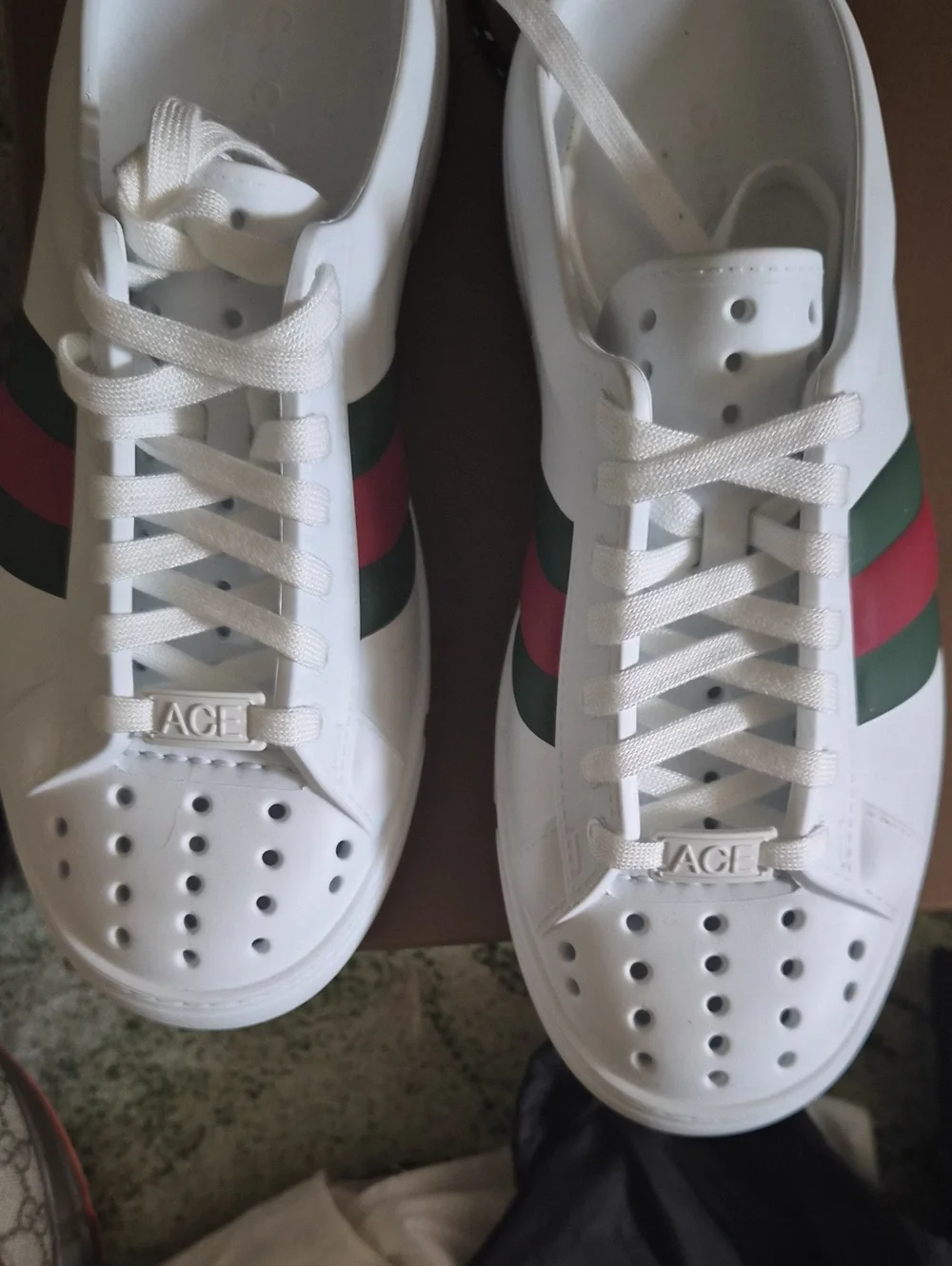 Gucci White Ace Rubber Sneakers with Green & Red Web Stripe - Women's 39 Men 7.5
